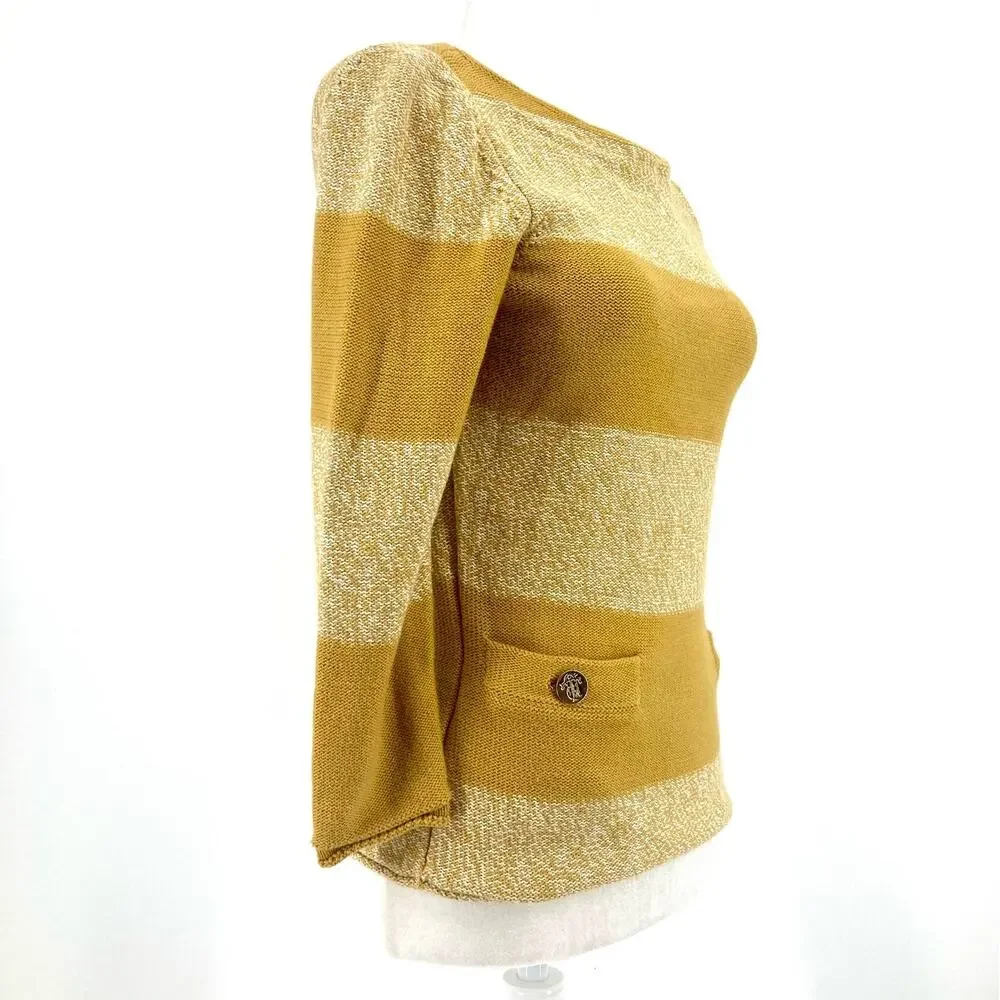 Tory Burch Women’s XS Gold Yellow Striped Cotton Pullover Sweater Pockets Button